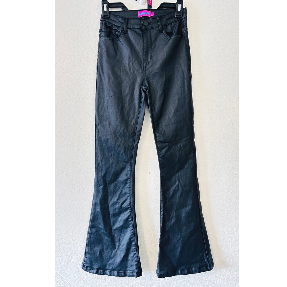 Edikted Streetwear Black Coated Flare Pants High Waisted Faux Leather Look SZ S